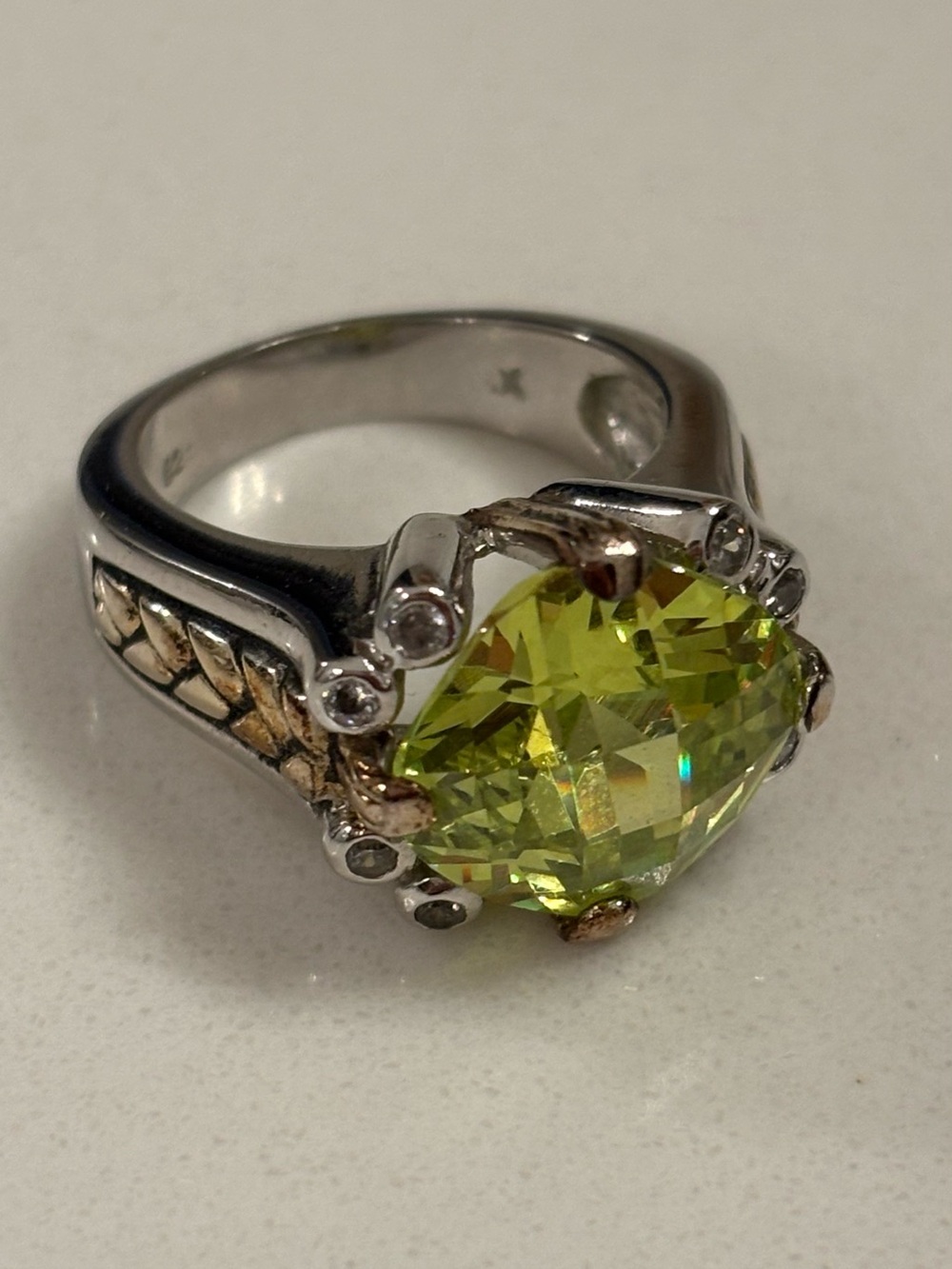 Silver Tone Ring with Lime Green Gemstone
